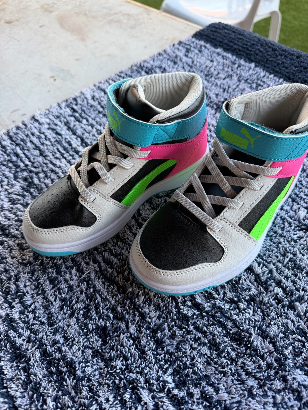 PUMA Kids' High-Top Sneakers in Black/White with Pink & Green Accents